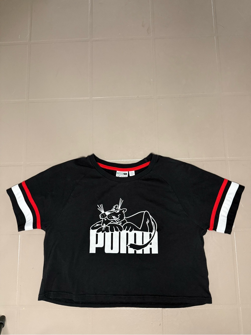 Puma Black Tee with Red & White Sleeve Stripes